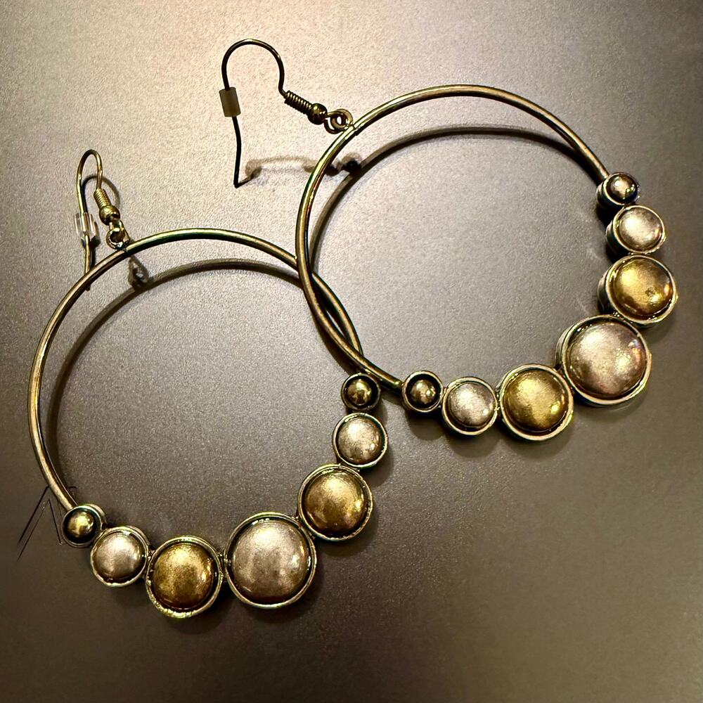 Mixed Metal Brass & Silver Tone Modernist Hoop Earrings